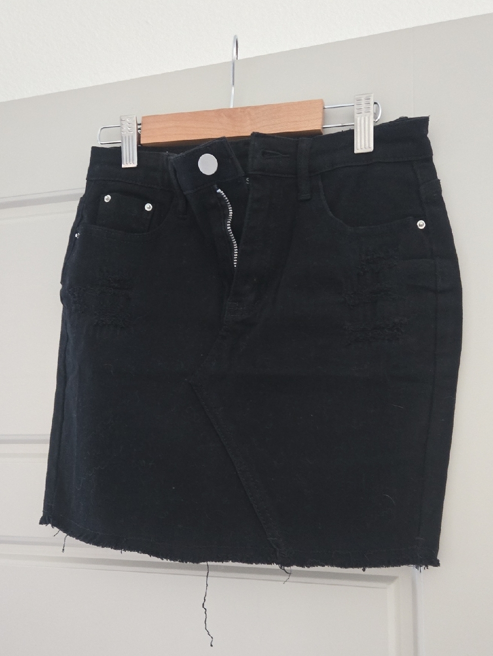 Black Distressed Denim Mini Skirt